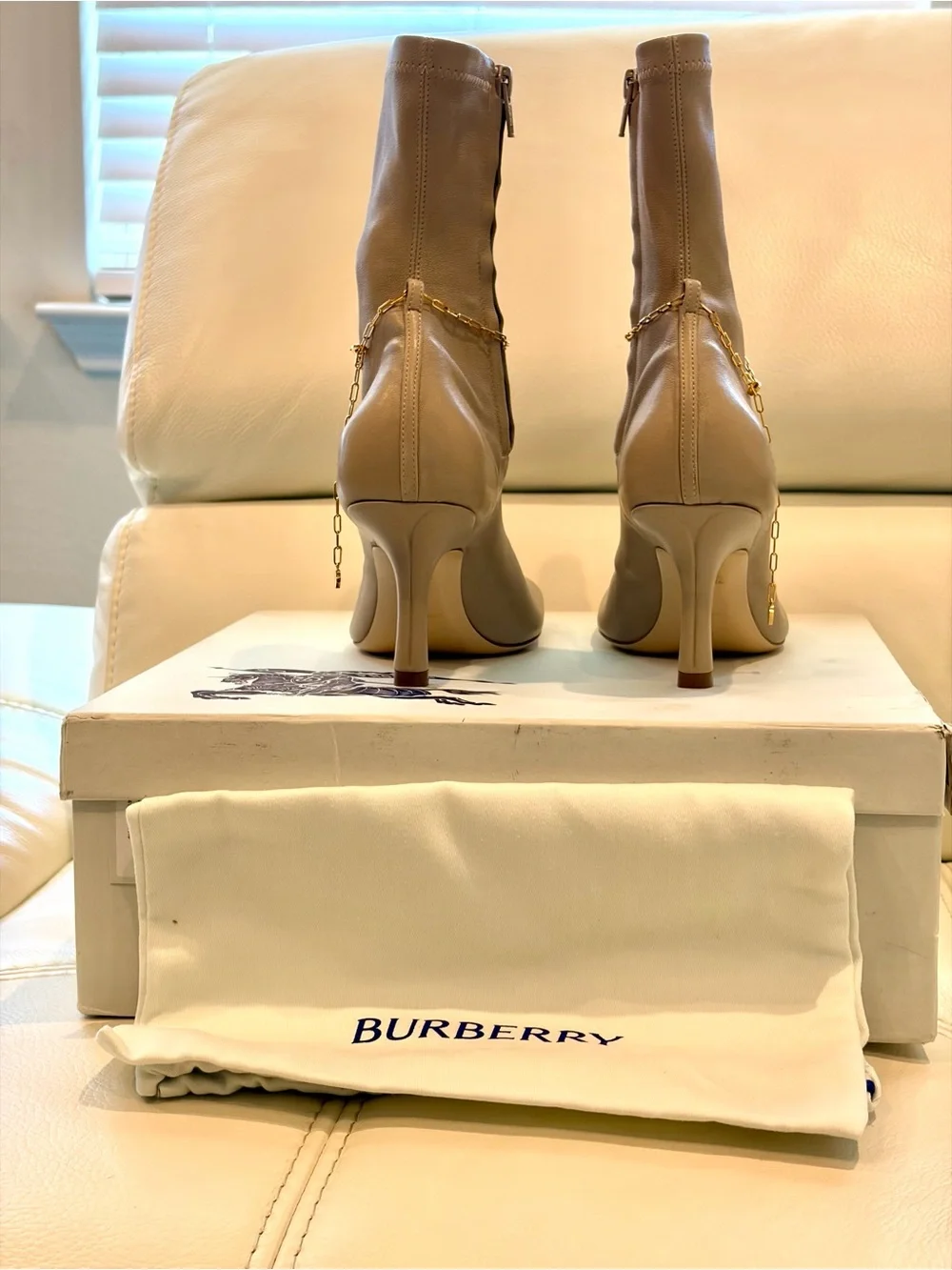 Burberry Square Toe Ankle Boots with Gold Chain